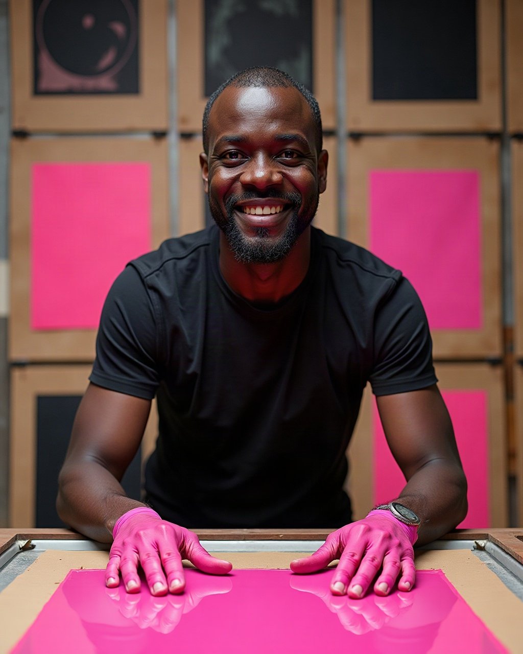 Membre de l’atelier, mains tachées d’encre rose, devant un mur d’affiches