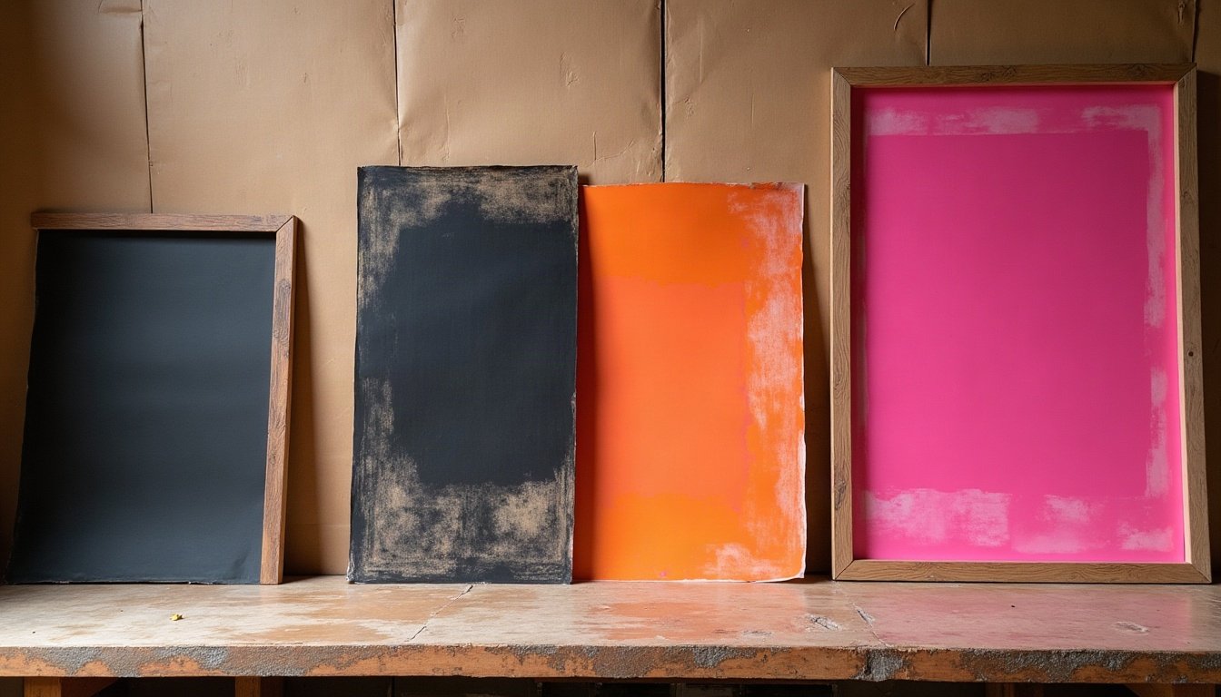 Cadres de sérigraphie appuyés contre un mur kraft, maculés d’encre rose et noire