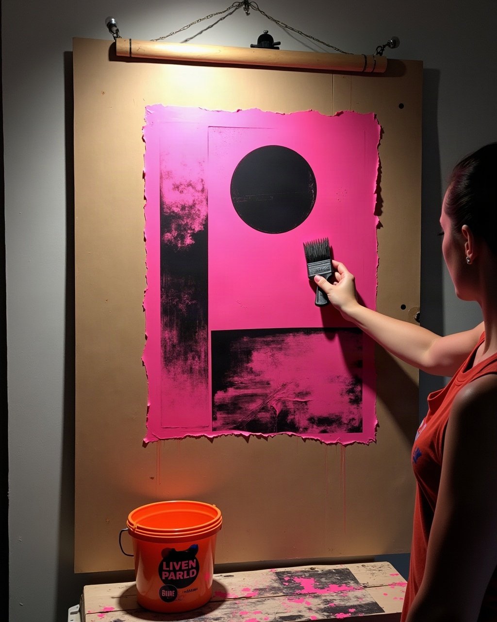 Mains collant une affiche rose sur un mur en contreplaqué
