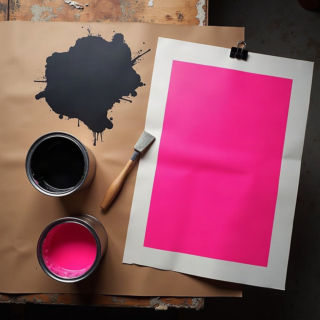 Pots d’encre rose fluo et noire sur papier kraft