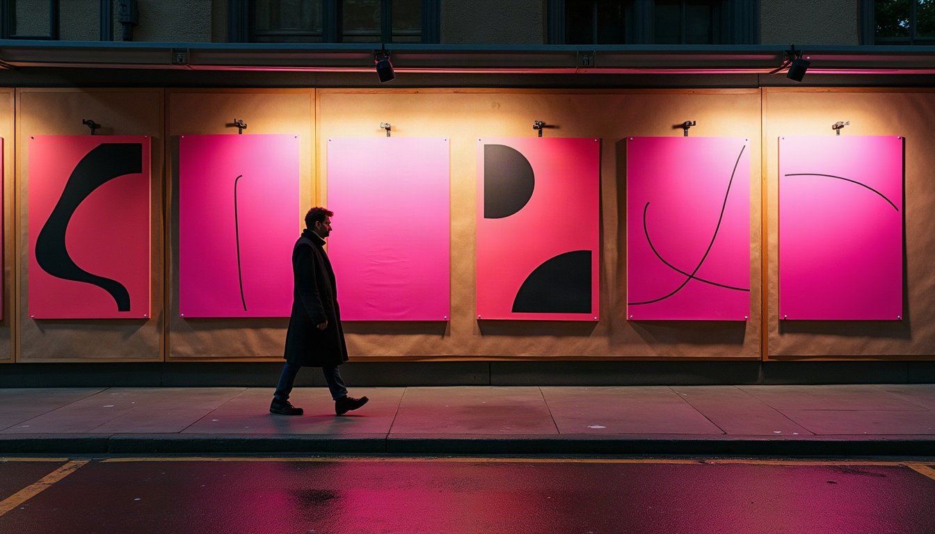 Passant devant une palissade couverte d’affiches roses