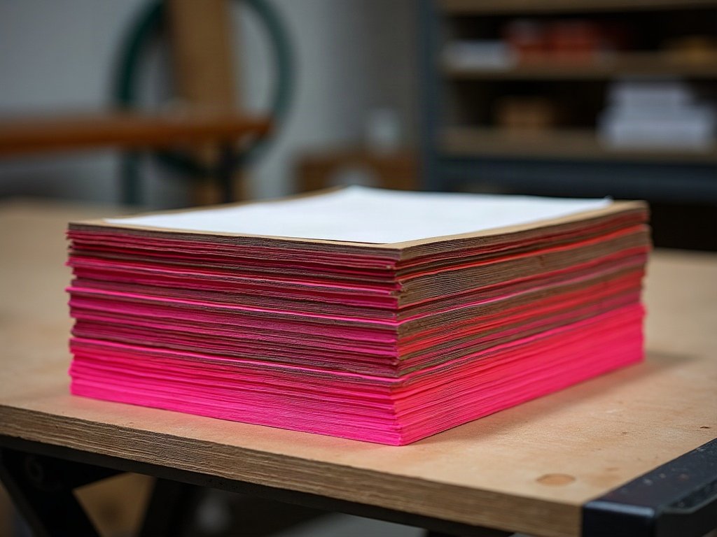 Pile de feuilles kraft aux tranches peintes en rose fluo
