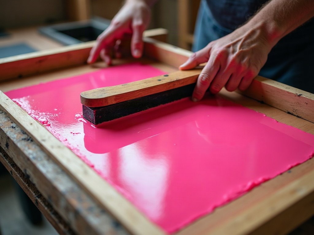 Mains tirant une racle sur un écran de sérigraphie, encre rose fluo