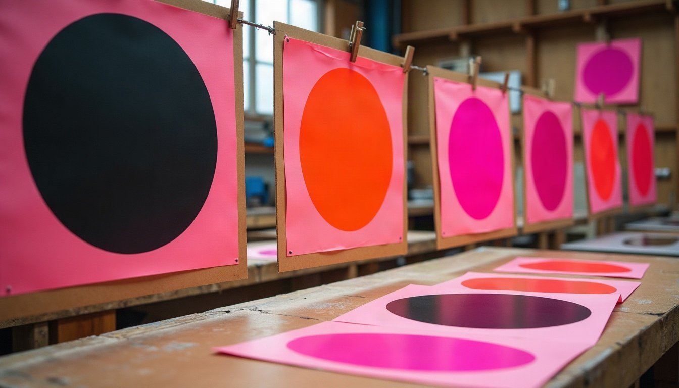 Affiches roses et noires suspendues à sécher dans l’atelier